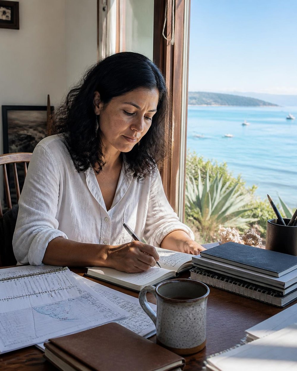 Marisol Vance writing at a desk by a window over the bay